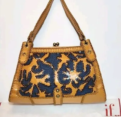 Isabella Fiore Aldic Blue  Kiss Lock Crocheted Beaded Brown Leather Handbag $595 • $299