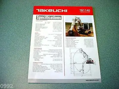 Takeuchi TB1140 Hydraulic Excavator Brochure • $20