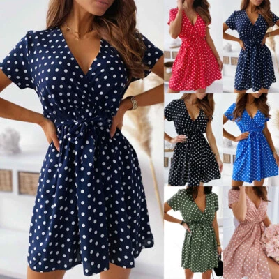 £12.59 • Buy Womens Polka Dot V Neck Mini Dress Ladies Casual Beach Swing Skater Sundress