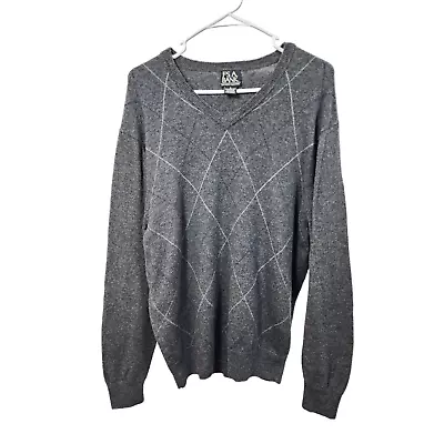 Jos A Bank Sweater Mens Large Lambswool Wool Blend Argyle Grey V Neck Casual • $17.99