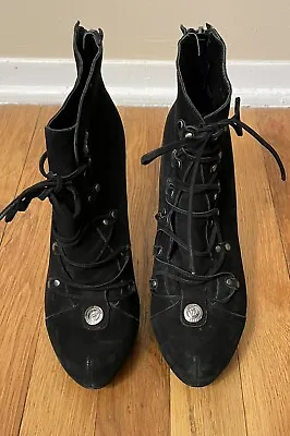 VELVET ANGELS Marquee Black Suede High Heel Booties Platform Heels Shoes 37 6.5 • $48
