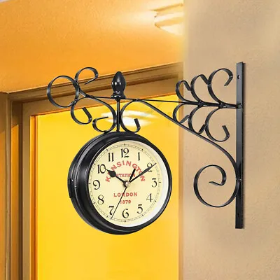 £12.95 • Buy Retro Double-Sided Wall Clock Station Antique Hanging Clocks For Outdoor Garden