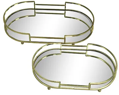 Large Oval Gold Antique Tray With Mirror Tray Heavyweight Serving Tray Set Of 2 • £23.99