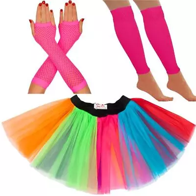 NEON 80s FANCY DRESS HEN PARTY COSTUME TUTU SKIRT SET LEGWARMER GLOVES UV DANCE • £7.49