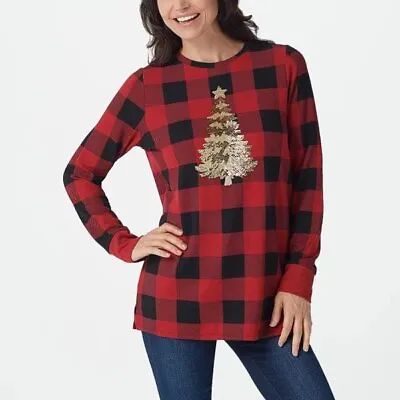 Quacker Factory Holiday Motif Buffalo Hacci Knit Tunic Red Tree • $21.49