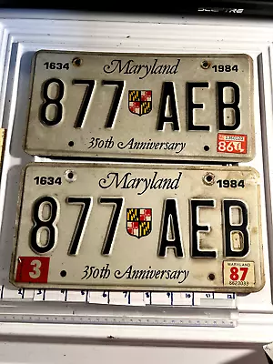 350th Anniv. 1986 1987 MARYLAND MD LICENSE PLATE TAG PAIR SET Of 2  # 877 AEB • $12.99