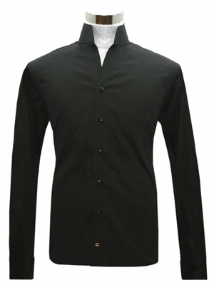 £90 • Buy Men Open 3  High Tall Neck Band Buttonless V Collar Jet Black Cotton Dress Shirt