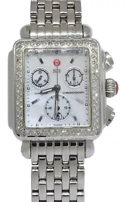 Michele Deco Diamond Chronograph Steel MOP Ladies 33mm Quartz Watch 71-6000 • $1295