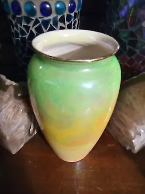 8.5  Iridescent Royal Minton Green Yellow Gold Ceramic Vase Vtg Antique Nice! • $29.95