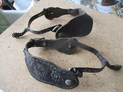 Circa 1920 Cowboy Spur Set Leather Embossed Horse Straps Wild West Unknown Maker • $110