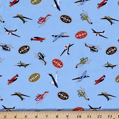 Cotton Knit Planes And Helicopters Pilot Fabric By The Yard Blue - D342.13 • $10.95