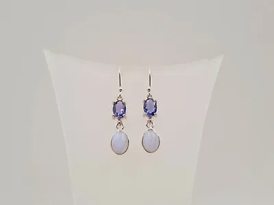 Agate Iolite Earrings Blue Lace Agate Water Sapphire Gemstone Sterling Silver • £49.95