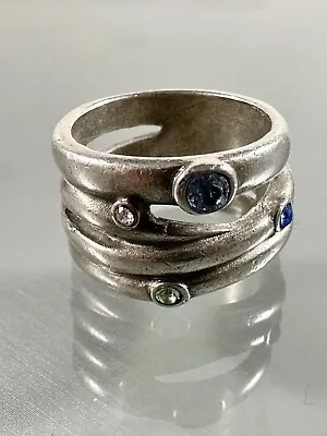 Vintage 925 Sterling Silver Modernist Stacked Multi Stone Wide Band Ring Size 6 • $39.50