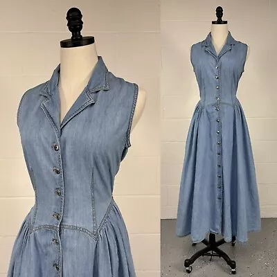 Vintage 80s Forenza Denim Shirtwaist Swing Dress Full Sweep Western Prairie M 10 • $125