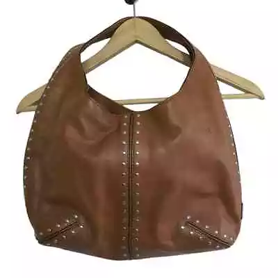 MICHAEL KORS Cognac Brown Silver Studded Astor Boho Leather Bag Purse • $89.99