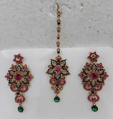 Bollywood Women Bridal Indian Gold Plated Kundan Mang Tikka Earrings Jewelry Set • $17.72
