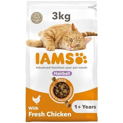 IAMS Hairball Complete Dry Cat Food For Adult And Senior Cats With Chicken 3 Kg • £13.21