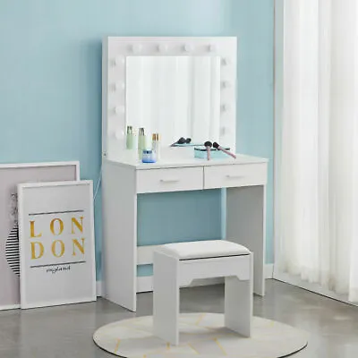 £139.99 • Buy 1 X Makeup Desk White Wooden Dressing Table W/ Mirror Chair 10 LED Lights Drawer