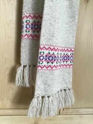 Scottish Long Hand Knit Wool Scarf Oatmeal With Fair Isle Detail Exc Condition • £12.99