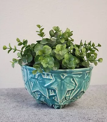 Vtg McCoy Pottery Hanging Jardiniere PLANTER Ivy & Berries Turquoise/Aqua Blue • $45