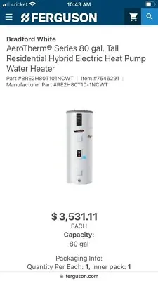 **brand New** Bradford White Aerotherm 80 Gallon Electric Heat Pump Water Heater • $3000