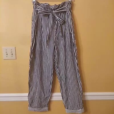 Zara Blue White Stripe Paperbag Waist Pants Womens XL NWOT • $16.99