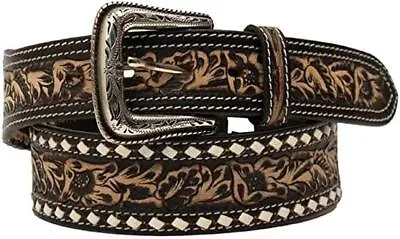 Nocona Western Mens Belt Leather Tooled Tapered Buck Stitch Laced Floral Black • $49