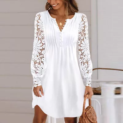 Ladies Spring Lace Solid Long Sleeve V Neck Pleated Dress Party Cocktail Gowns • £14.49