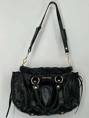 $425 • Buy Miu Miu Black Leather Vitello Lux Bauletto Shoulder Bag/Crossbody Satchel 