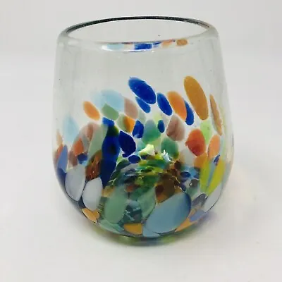 Artisan Handblown WINE GLASS Stemless Weighted Multi Color Confetti Design 12 Oz • $17.99