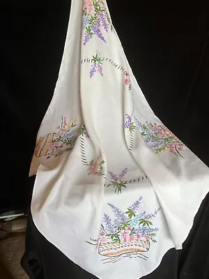 Vintage Hand Embroidered Linen Tablecloth 41” X 44” • $29.87