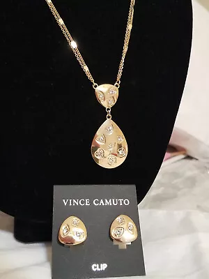 Vince Camuto Gold Tone Clear Crystals Drop Necklace Clip Earrings Set NEW $57 AZ • $40