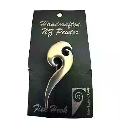 Classic Maori New Zealand Amulet Hei Matau Fish Hook Pewter Brooch NEW With Tag • $29