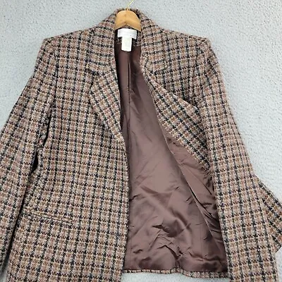 VTG Christopher & Banks 100% Wool Tweed Blazer Womens 14 Brown Plaid Ukraine • $17.99