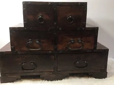 $425 • Buy Vintage Wooden STEP TANSU CHEST With 6 Drawers, Japanese Style Box