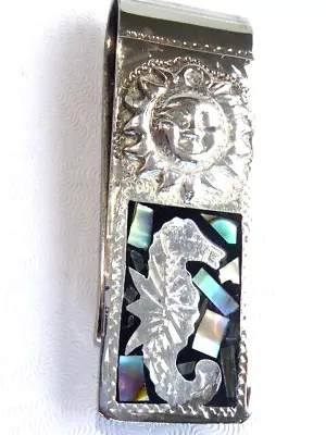 Vintage Alpaca Mexico Enamel Inlay Abalone Shell Sea Horse  Money Clip • $45