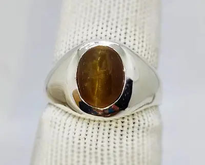 Honey Color Natural Cats Eye Gemstone SZ:8 US Men's Wear 925 Silver Round Ring • $97.75