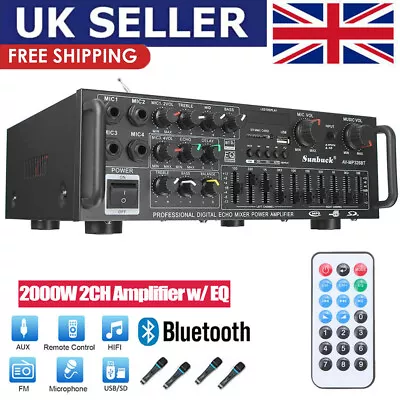 HiFi Bluetooth Power Amplifier Stereo Audio FM MIC Car Home AMP Remote 2000W NEW • £39.80