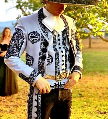 Men 3Pc Customize Gray Mariachi Suit Embroidered Prom Wedding Suits For Groom • $1277.99