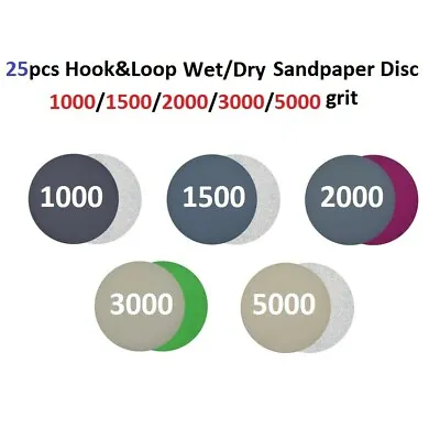 25pcs 3in/75mm Hook&Loop Wet/Dry Sandpaper 1000 ~ 5000 Grit Sanding Discs Set • £6.14