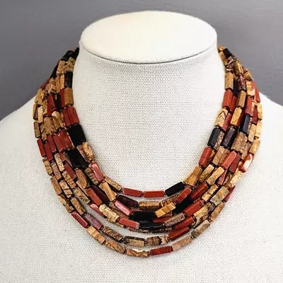 Stone Bead Necklace Red Yellow Jasper Layered Gold Tone Rectangle Tube Knot 17  • $39.99