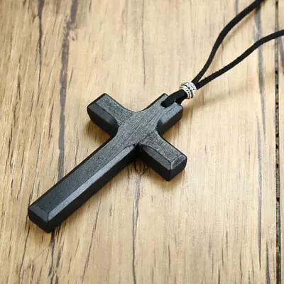 Black Wood Cross Crucifix Leather Cord Pendant Men Women Necklace Sweater • $5.99