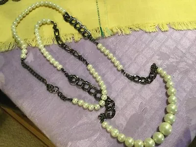 Vintage Black Chain And Off White Pearl Necklace • $4.50