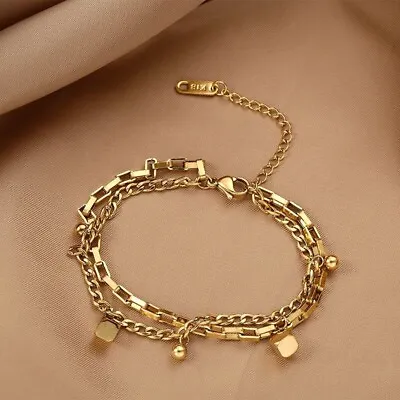 Woman 18K Gold Plated Stainless Steel Cubes Box Curb Chain Bracelet Bangle 7.9'' • $9.65