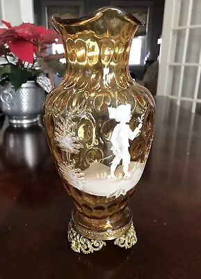 Antique Blown Glass Vase Hand Painted Brass Base Mary Gregory 10   • $248