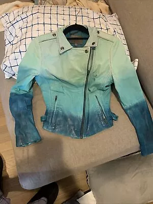 Muubaa Fornas Dip Dyed Ombre Leather Biker Jacket In Ocean Blue USA Size 6 • $200