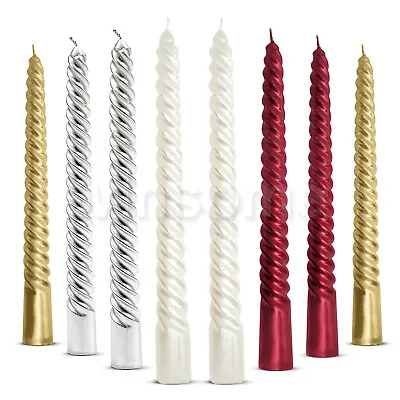 4/8x Twisted Spiral Silver Gold White Red Christmas Tapered Dinner Party Candles • £7.36