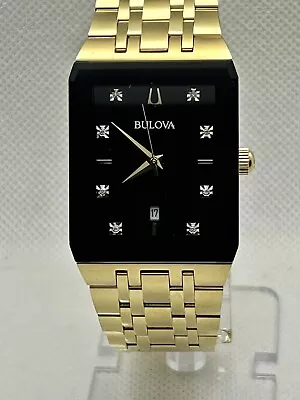 Bulova Quadra 97D118 Men's Diamond Gold Tone Black Dial S. Steel Rectangle Watch • $175