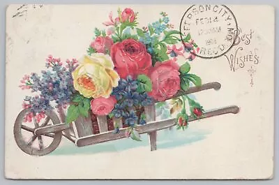 Greetings~Multiple Colored Flowers On Cart Best Wishes~Vintage Postcard • $2.80