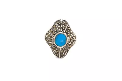 Vintage Sterling Silver 925 Turquoise Marcasite Ring Size 7.75 • $21.24